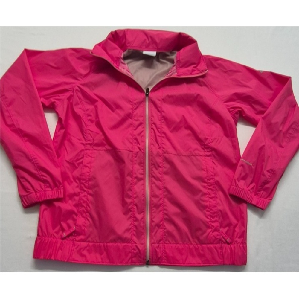 Columbia women's hot pink rain/wind jacket full zip zip away hood pockets sz. LG